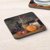 Herbstdekorationen am Tisch, Kürbis, Früchte, Getr Getränkeuntersetzer (Linke Seite)