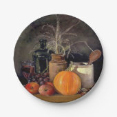 Herbstdekorationen am Tisch, Kürbis, Früchte, Getr Pappteller (Vorderseite)