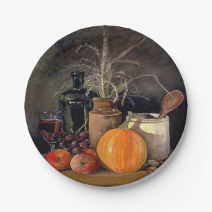 Herbstdekorationen am Tisch, Kürbis, Früchte, Getr Pappteller