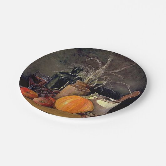 Herbstdekorationen am Tisch, Kürbis, Früchte, Getr Pappteller (Schrägansicht)