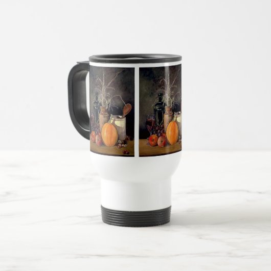 Herbstdekorationen am Tisch, Kürbis, Früchte, Getr Reisebecher (Vorderseite Links)