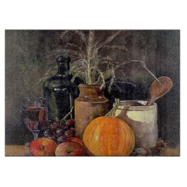 Herbstdekorationen am Tisch, Kürbis, Früchte, Getr Schneidebrett