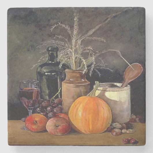 Herbstdekorationen am Tisch, Kürbis, Früchte, Getr Steinuntersetzer (Vorderseite)