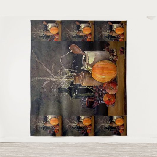 Herbstdekorationen am Tisch, Kürbis, Früchte, Getr Wandteppich (Vorderseite)