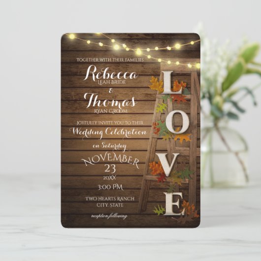 Herbstdichter und Blätter Liebe Hochzeit Einladung (Stehend Vorderseite)