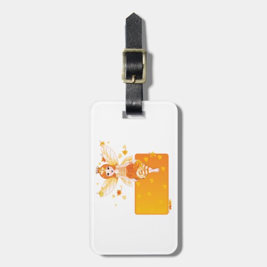 Herbstdruckerin mit orangefarbenen Blätter und Kro Gepäckanhänger (Vorderseite vertikal)