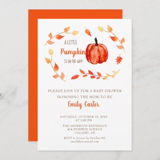 Herbstdusche Kleine Pumpkin Herbstblätter Einladung (Vorne/Hinten)