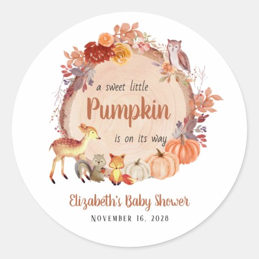 Herbstdusche von Woodland Animals Pumpkin Baby Runder Aufkleber (Vorderseite)