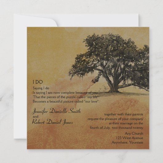 Herbsteiche Bäume und Streichellichter Hochzeit Einladung (Vorderseite)