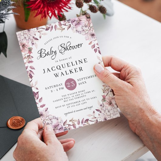 Herbstelegante violette Blumen Foliage Babydusche Einladung