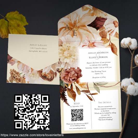 Herbsteleganz, Hochzeit im Herbst einladen mit QR- All In One Einladung