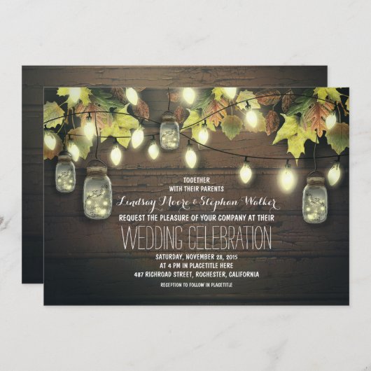 Herbstende Lichter und Mason Jars Rustikale Hochze Einladung (Vorne/Hinten)