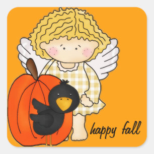 HerbstEngel mit Pumpkin & Crow - glücklicher Fall Quadratischer Aufkleber