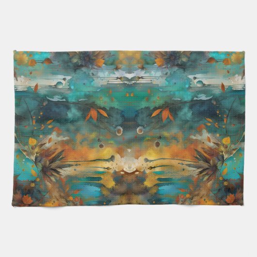 Herbsternte Aquamarine Rostgold Abstrakt Geschirrtuch (Horizontal)