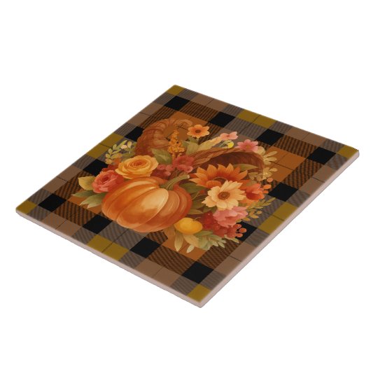 Herbsternte Cornucopia auf Kariert Fliese (Seite)