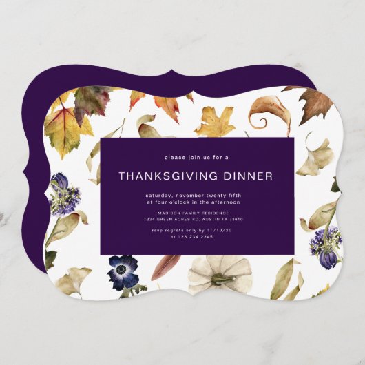 Herbstessen mit lila Blattwerk Erntedank Einladung (Vorne/Hinten)