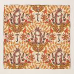 Herbstfalke auf Weiß Schal<br><div class="desc">Handgemalte Eichhörnchen und Herbstflora- Blätter; Pilze; Eicheln und Beeren</div>