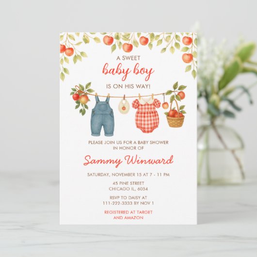 Herbstfall Appthes Line Boy Baby Dusche Einladung (Stehend Vorderseite)