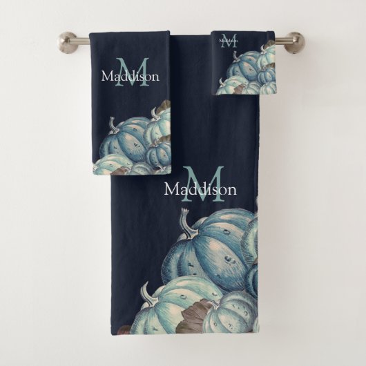 Herbstfall Blue Watercolor Pumpkin Rustikale Marin Badhandtuch Set (Insitu)