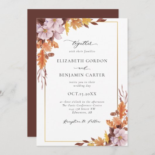 Herbstfall Blumenhochzeit Elegantes Foliage Script Einladung (Vorne/Hinten)