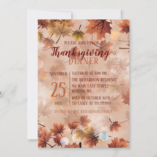 Herbstfall Braun Blätter Erntedank Abendessen Einladung (Vorderseite)