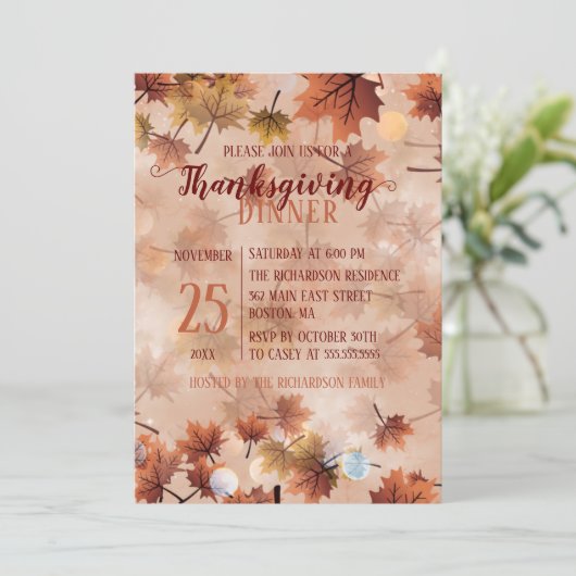 Herbstfall Braun Blätter Erntedank Abendessen Einladung (Stehend Vorderseite)