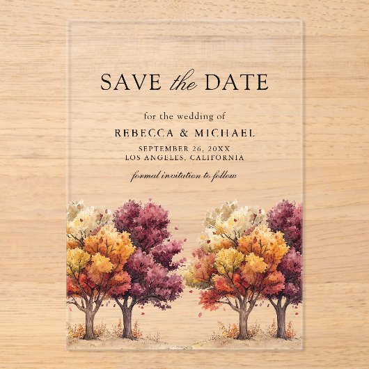 Herbstfall Burgund Bäume Hochzeit speichern das Da Acryleinladungen (Vorderseite)
