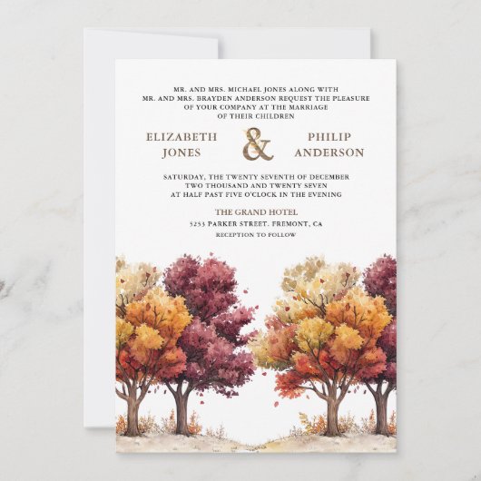 Herbstfall Burgundy Trees Foto QR Code Hochzeit Einladung (Vorderseite)