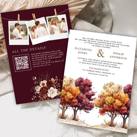 Herbstfall Burgundy Trees Foto QR Code Hochzeit Einladung