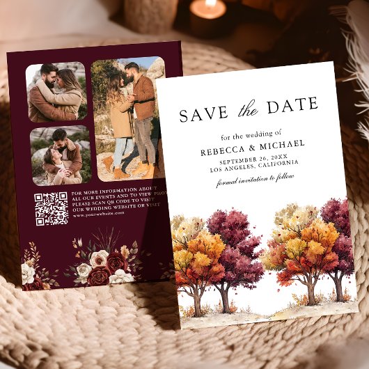Herbstfall Burgundy Trees QR Code Foto Hochzeit Save The Date