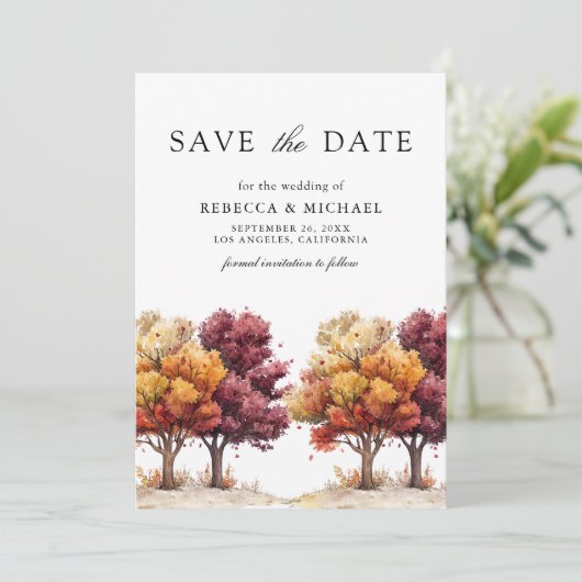 Herbstfall Burgundy Trees QR Code Foto Hochzeit Save The Date (Stehend Vorderseite)