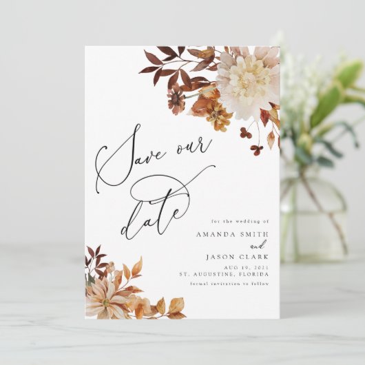 Herbstfall Burnt Orange Rust Moderne Rettete unser Einladung (Stehend Vorderseite)