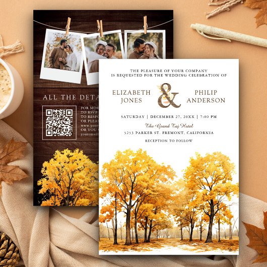 Herbstfall Eichenwälder QR-Code Hochzeit Einladung