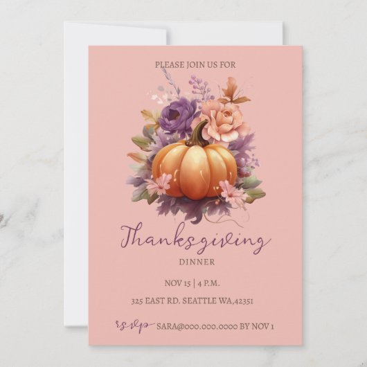 Herbstfall Floral Pumpkins Erntedank Abendessen Einladung (Vorderseite)