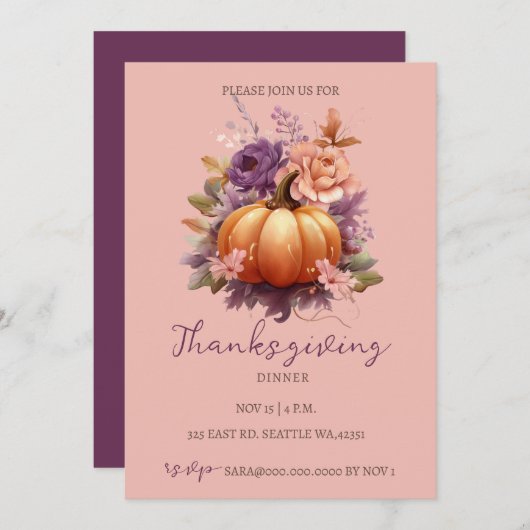 Herbstfall Floral Pumpkins Erntedank Abendessen Einladung (Vorne/Hinten)