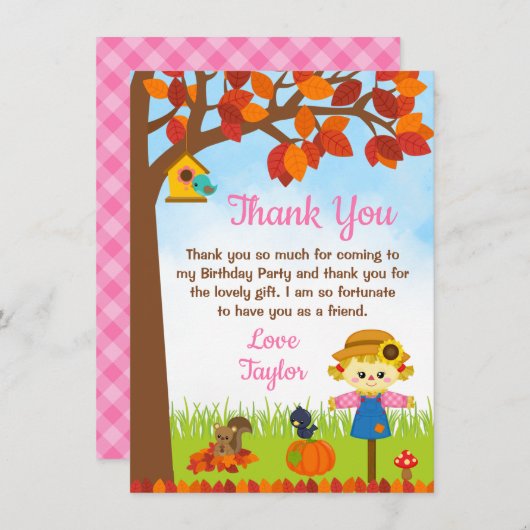 Herbstfall Girl Scarecrow Geburtstag Dankeskarte (Vorne/Hinten)