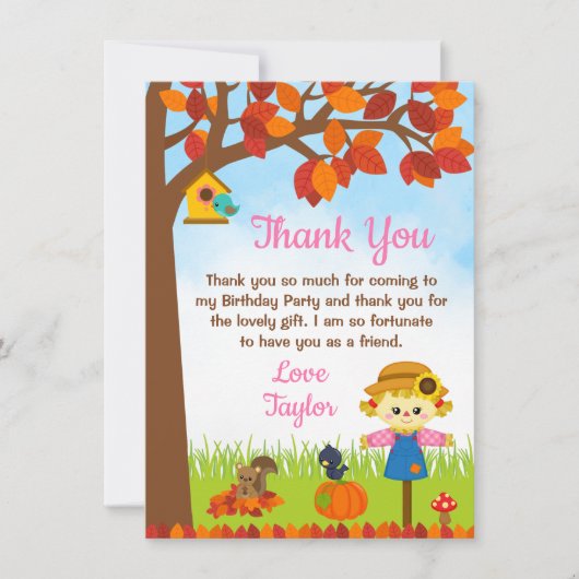 Herbstfall Girl Scarecrow Geburtstag Dankeskarte (Vorderseite)