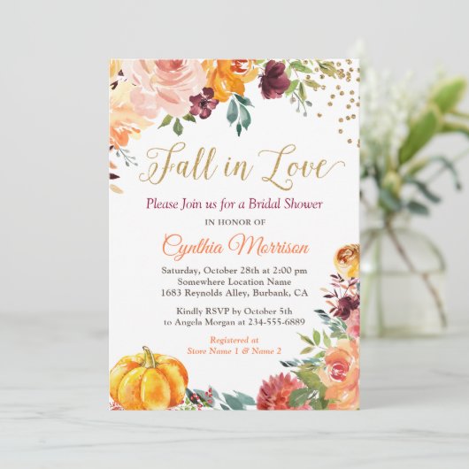 Herbstfall in der Liebe Blumenpumpen Brautparty Einladung (Stehend Vorderseite)