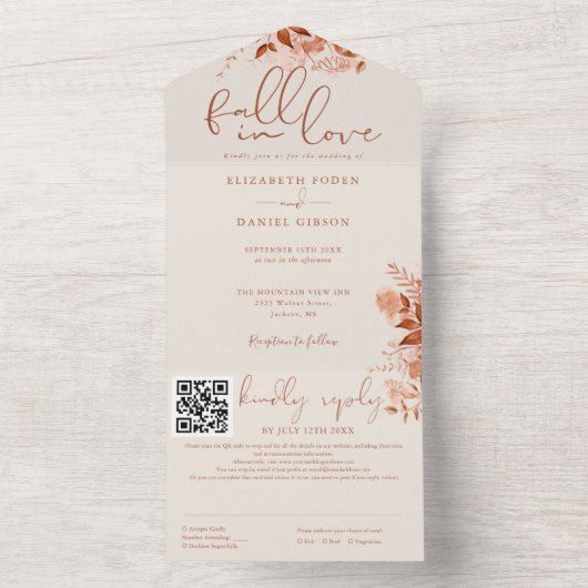 Herbstfall in der Liebe Rustikaler QR-Code Hochzei All In One Einladung (Innen Boden)