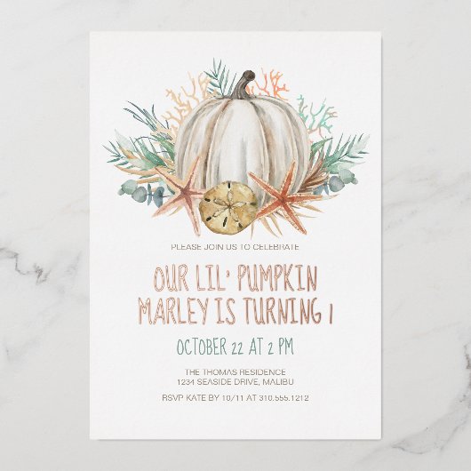 Herbstfall - Pumpkin & Seashells Folieneinladung (Vorderseite)