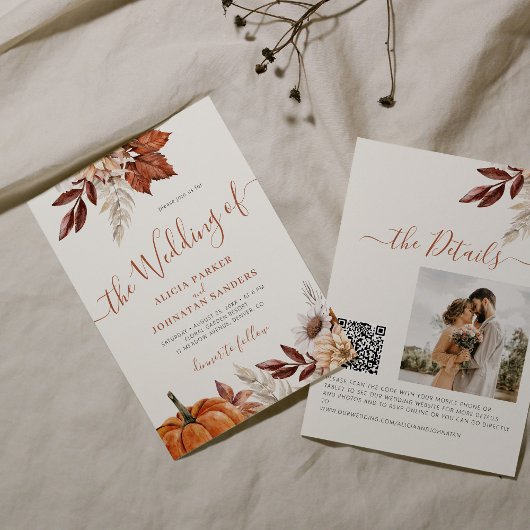Herbstfall QR Code boho botanische Hochzeit Einladung
