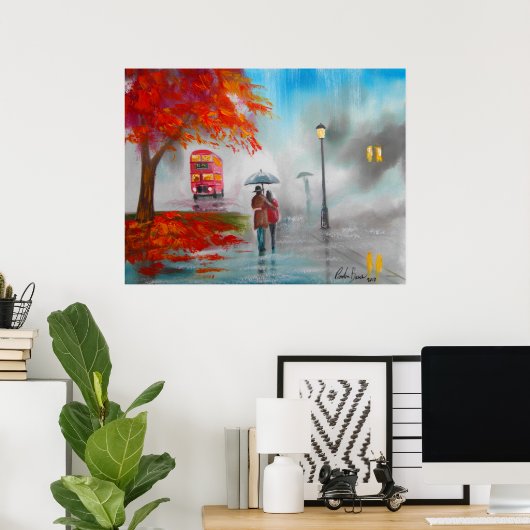 Herbstfall Regentag Rotes Buspaar Poster (Heimbüro)