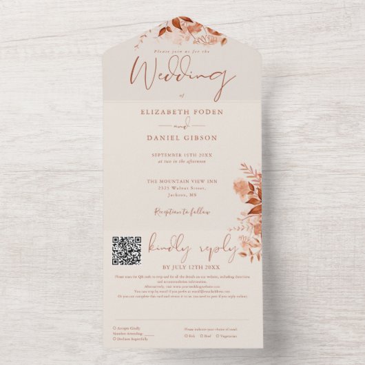 Herbstfall Rustikaler QR-Code Hochzeit All In One Einladung (Innen Boden)