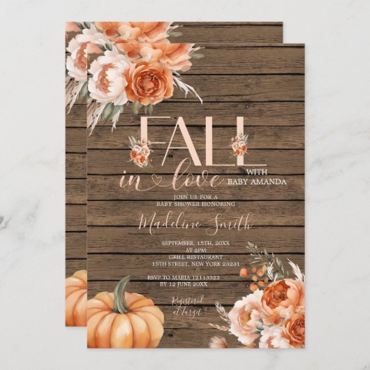 Herbstfall rustikales Holz mit Babydusche in der L Einladung (Vorne/Hinten)