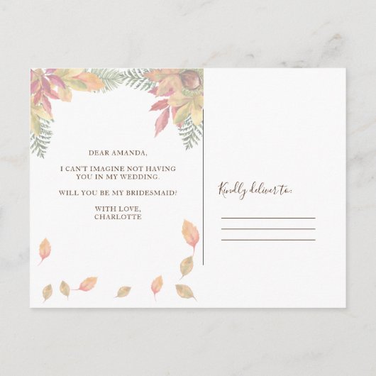 Herbstfall Trauzeugin oder BRIDESMAID-Vorschlag Einladungspostkarte (Rückseite)