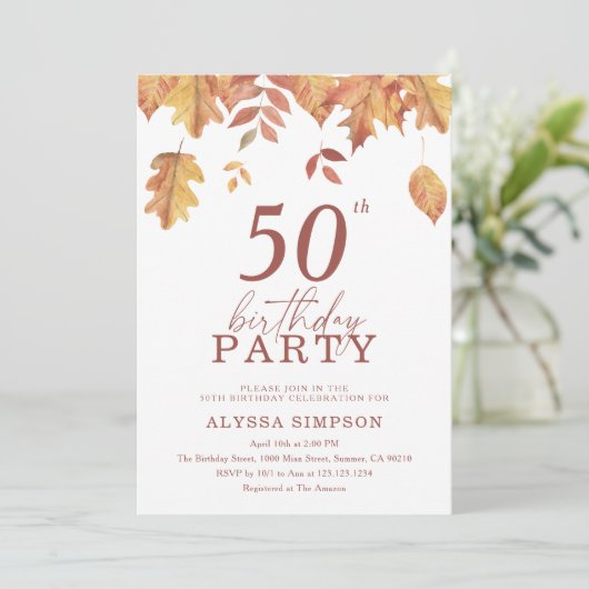 Herbstfallen Blätter 50. Geburtstag Einladung (Stehend Vorderseite)