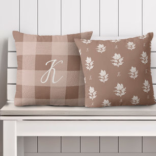 Herbstfallen Folien Custom Monogram & Taupe Karier Kissen