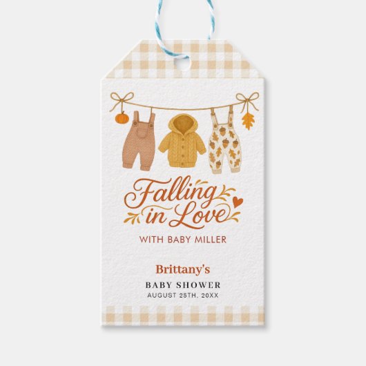 Herbstfallen in der Liebe Kinderkleidung Babydusch Geschenkanhänger (Vorderseite)