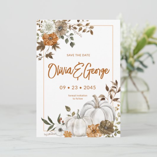 Herbstfallen Pumpkin Blumenrahmen Einladung (Stehend Vorderseite)