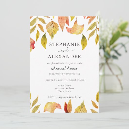 Herbstfallende Blätter Hochzeitsessen Probe Einladung (Stehend Vorderseite)